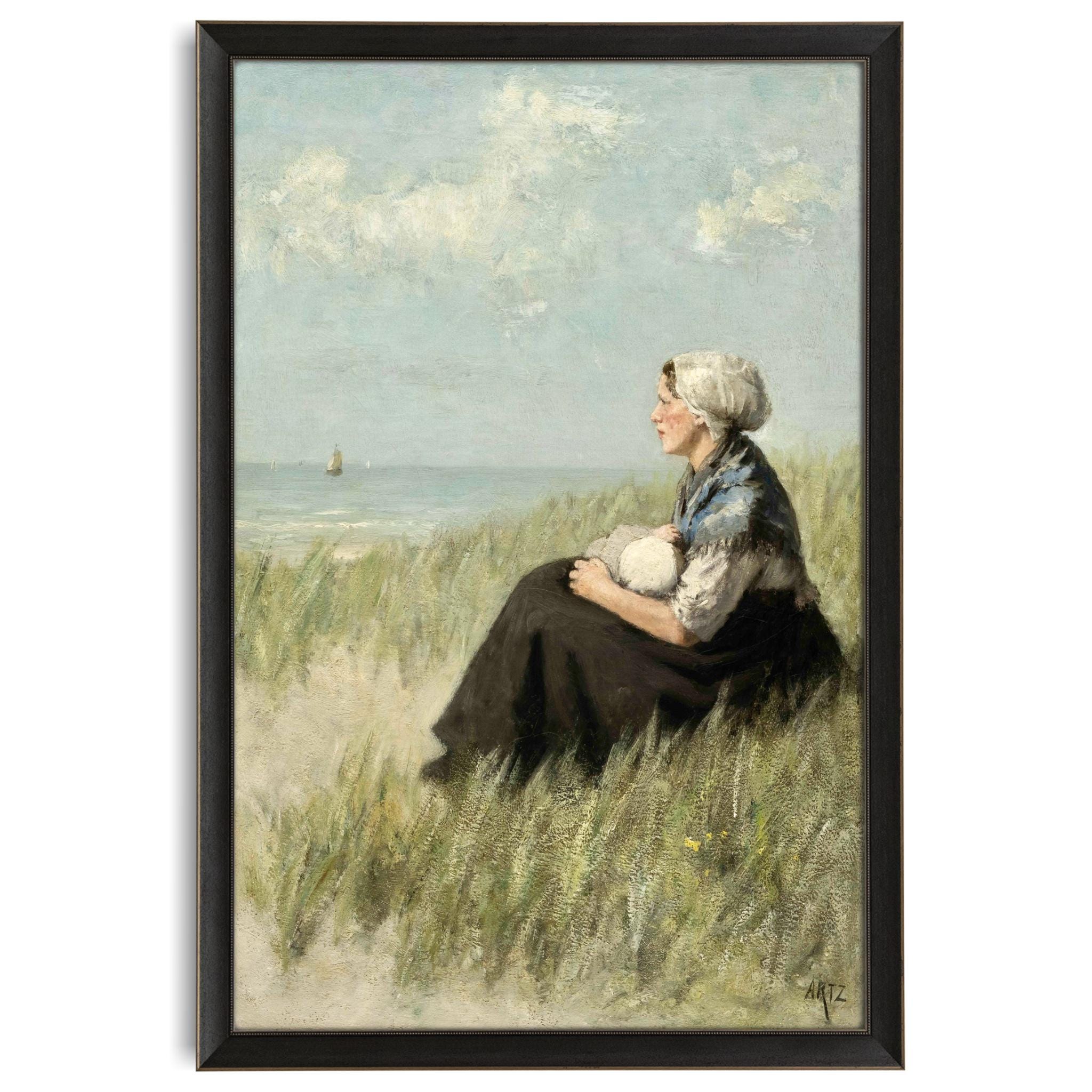 Woman and Child Antique Farm Landscape, Cornfield, Summer