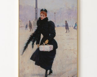 Belle Epoque Fashionable Parisian Lady in Black, High Quality Art Print, Antique Victorian Painting, Jean Beraud, Elegant Victorian Woman