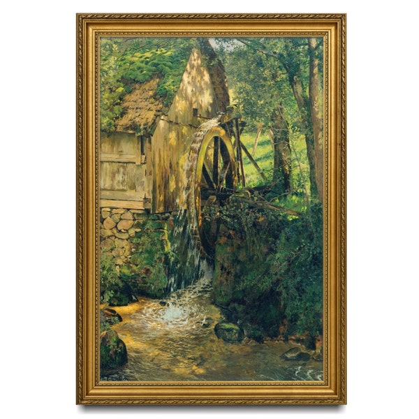 Vintage German Black Forest Mill Landscape, Old Waterwheel, High Quality Fine Art Print, Rustic Green Landscape with Shed, Water, Trees