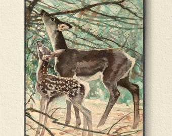 Doe and Fawn in the Forest, Deer Painting, Deer Art Print, Cabin Art, Forest Animals, Vintage Reproduction Print, Woodland Animals Art
