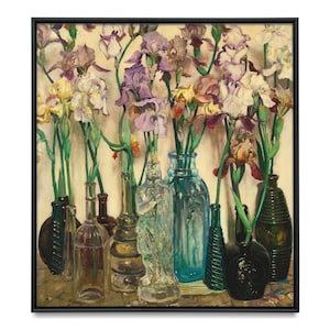 Glass Bottles and Irises Still Life, Rum Row, High Quality Art Print, Frederick Waugh, Vintage Painting of Glass and Flowers, Purple Irises