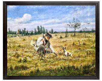 El botánico, arte mural estilo cottagecore vintage, Jack Russell Fox Terrier, Vasily Perov, lámina de paisaje de finales de verano, pintura de prado florido