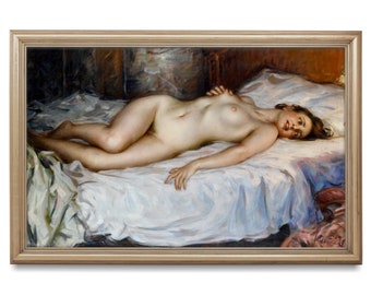 Desnudo extasiado, pintura erótica antigua de desnudo, mujer desnuda tumbada en la cama, impresión artística de alta calidad, arte desnudo de principios del siglo XX