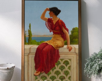 May include: A painting of a woman in a red and gold dress sitting on a stone ledge overlooking a body of water. She is looking out at the horizon with her hand shading her eyes from the sun.