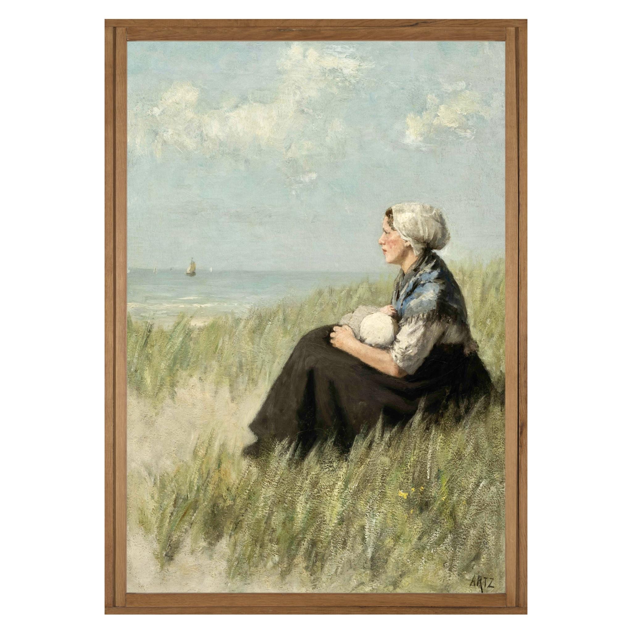 Woman and Child Antique Farm Landscape, Cornfield, Summer