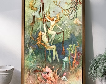 Vintage Sea Nymphs with Sunken Ship Illustration, Warwick Goble, Fine Art Print, Antique Mermaid Art, Sirens, Mermaid Illustration