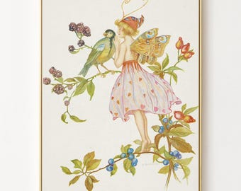 Vintage Fairy Art, Flower Fairy Art, Cottagecore Kitchen Art, Blackberry Fairy, Fairy Decor, Butterfly Fairy Wall Art, Vintage Postcard Art