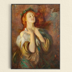 May include: An oil painting of a woman with flowing red hair, wearing a green laurel wreath and a draped gown. Her eyes are closed, and she holds her hands near her chest. The artwork has a warm color palette with shades of gold, green, and brown.