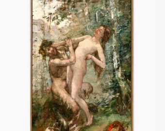 Sátiro y bacante, Henri Gervex, impresión de bellas artes, mitología griega, fauno, ninfa, sátiro, amantes juguetones, arte impresionista, pareja desnuda