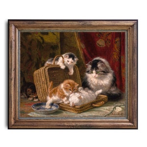 Cute Playful Victorian Cat with Kittens Painting, Henriette Ronner-Knip, High Quality Art Print, Antique Cat Art, Cat Lovers Art, Funny Cats
