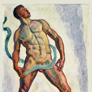 Puede incluir: Una pintura de una figura masculina desnuda de pie con una cinta verde alrededor de la cintura. La figura est&aacute; pintada en un estilo realista con un enfoque en la musculatura del cuerpo. El fondo es azul claro y blanco.