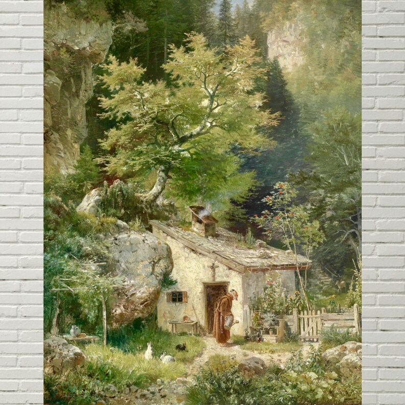 May include: A painting of a small, white cottage nestled in a lush green forest. A figure in a brown robe stands near the cottage, holding a watering can. The scene is peaceful and serene, with a sense of tranquility.
