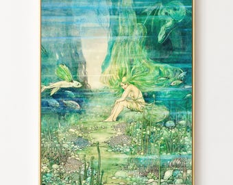 1930 The Mermaid Girl, The Little Mermaid Fairytale Art Print, Book Illustration, Green Wall Art, Enchanted Under the Sea Art, Beach Art