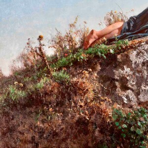May include: A close-up of a rocky hillside covered in green moss and wildflowers. The feet of a person are visible at the top of the hill, with their legs and a blue garment partially obscured by the foliage.