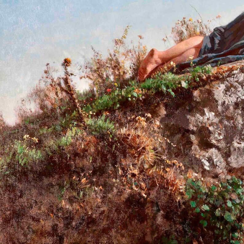 May include: A close-up of a rocky hillside covered in green moss and wildflowers. The feet of a person are visible at the top of the hill, with their legs and a blue garment partially obscured by the foliage.
