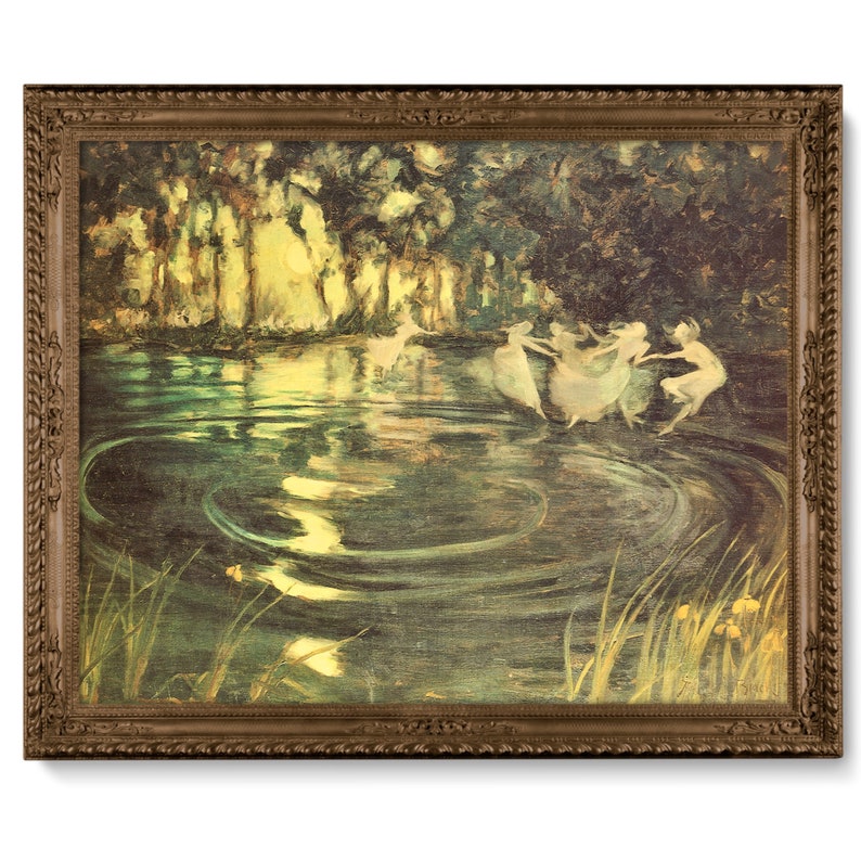 May include: A framed painting depicting a group of fairies dancing in a circular pattern on a lake. The fairies are wearing white dresses and have long flowing hair. The lake is surrounded by trees and the water is a deep green color.