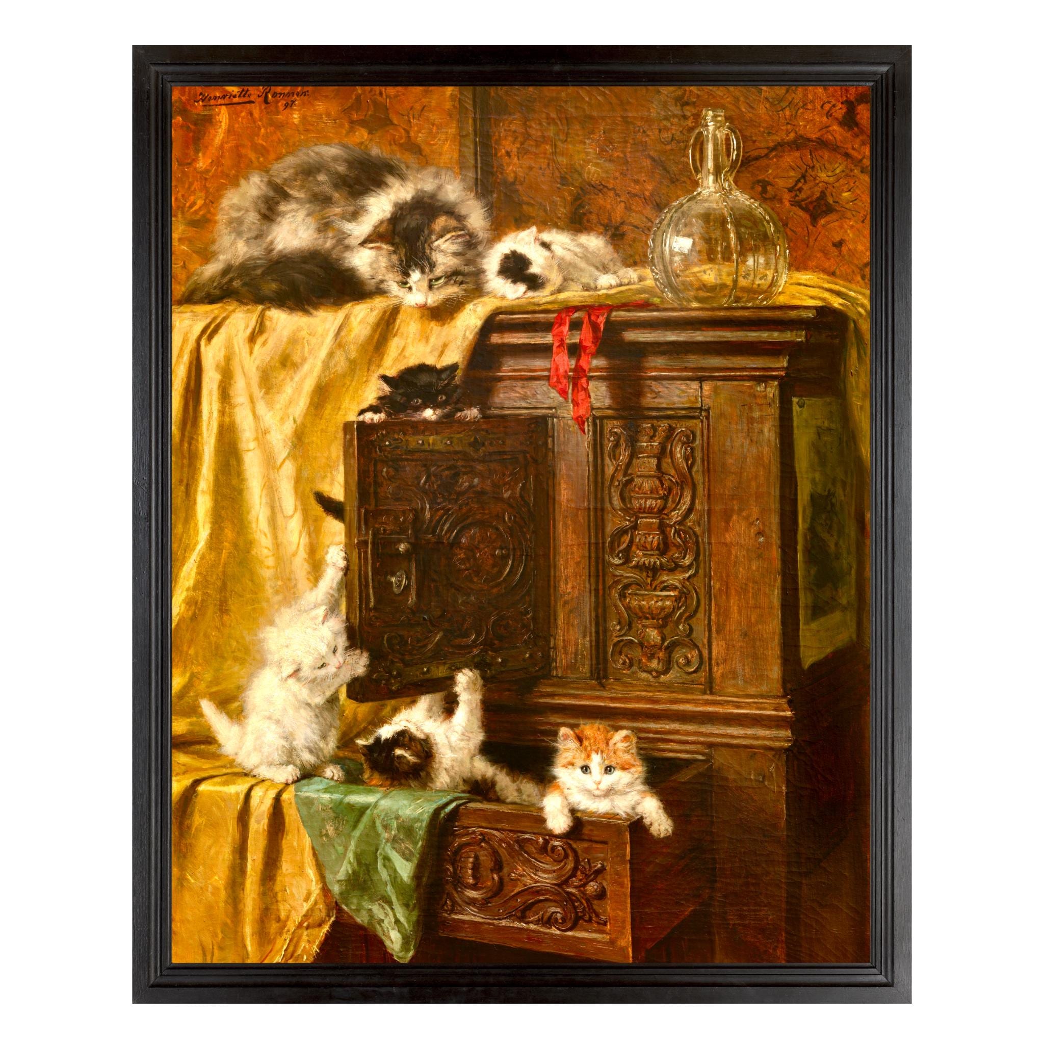 Misbehaving, Victorian Cat With Kittens Painting Art Print, Henriette ...