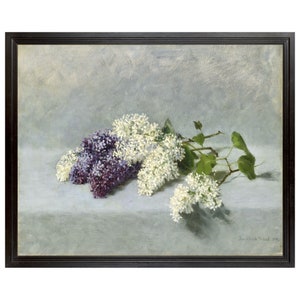 May include: A still life painting of a bouquet of white and purple lilac flowers on a light blue background. The painting is signed "Berthe Morisot 1879" in the lower right corner.