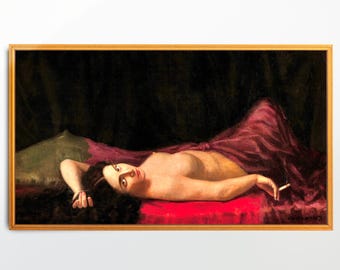 Desnudo femenino seductor, desnudo femenino reclinado, impresión artística de pintura clásica de desnudo erótico, arte de dormitorio, arte antiguo de mujer desnuda fumando, rojo
