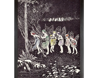 Impresión artística de ilustración de hadas, ilustración en blanco y negro, Ida Rentoul Outhwaite, arte de hadas antiguo vintage, hadas de las flores, Fairycore