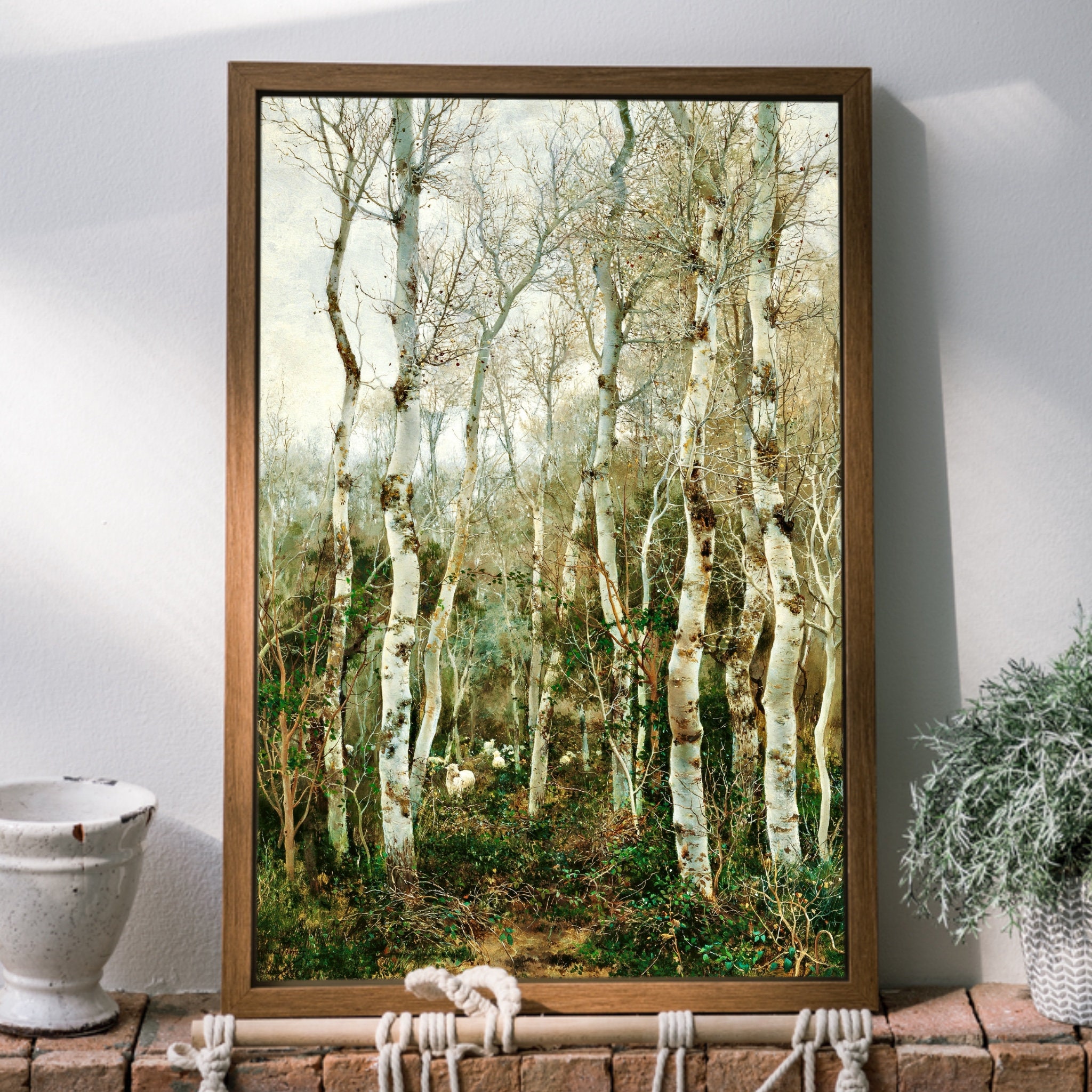 アート555　「ホワイト·ビレッジ」　チェコのリトグラフ(石版画) White Birch Grove With Sheep, 19th Century Artwork, Unframed High