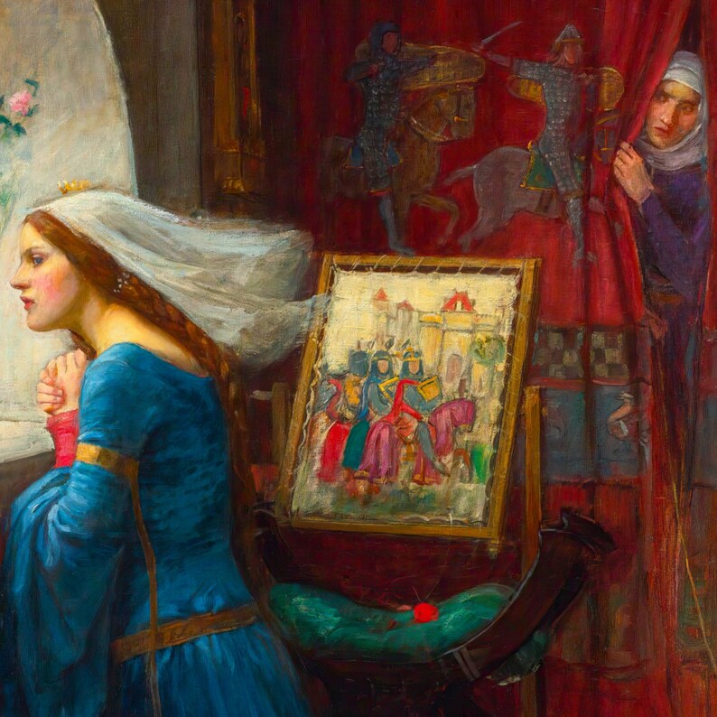 May include: A woman in a blue dress and white veil looks out of a window. A framed tapestry depicting a scene of knights on horseback hangs on the wall behind her. A woman in a white head covering peeks out from behind a red curtain.