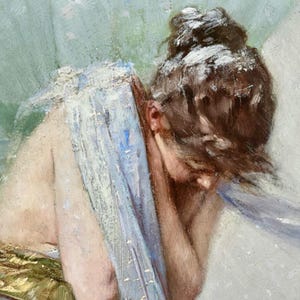 May include: An oil painting depicting a person with brown hair in a bun, leaning forward with their face hidden. A blue cloth drapes over their shoulder. The background features soft green and white hues, creating a serene and artistic composition.
