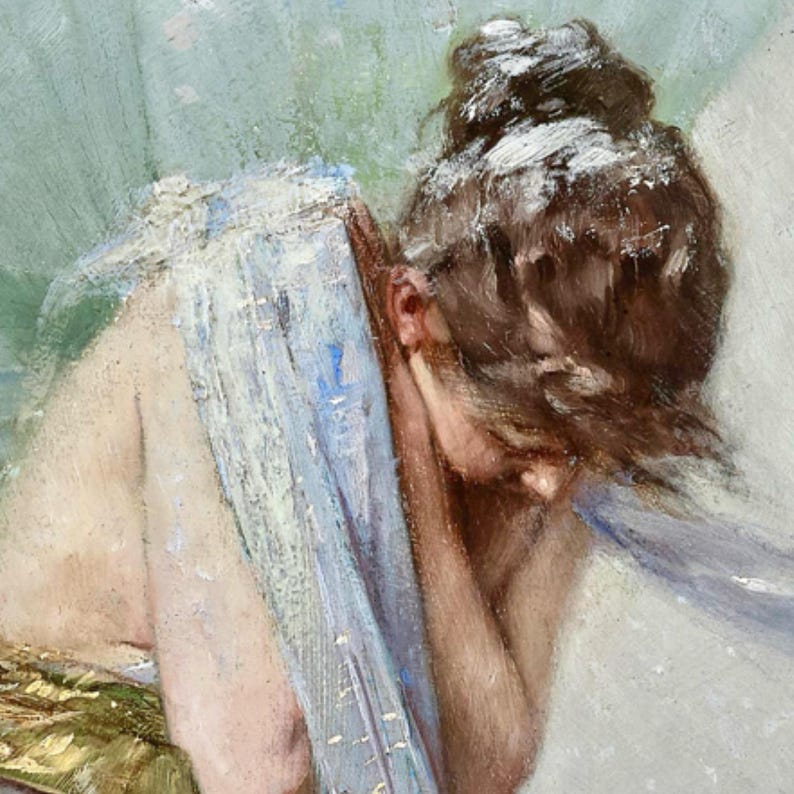 May include: An oil painting depicting a person with brown hair in a bun, leaning forward with their face hidden. A blue cloth drapes over their shoulder. The background features soft green and white hues, creating a serene and artistic composition.