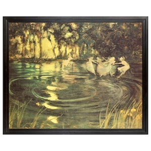 May include: A painting of a group of fairies dancing in a circle in a forest pond. The fairies are wearing white dresses and have long flowing hair. The pond is surrounded by trees and the water is reflecting the light of the sun.