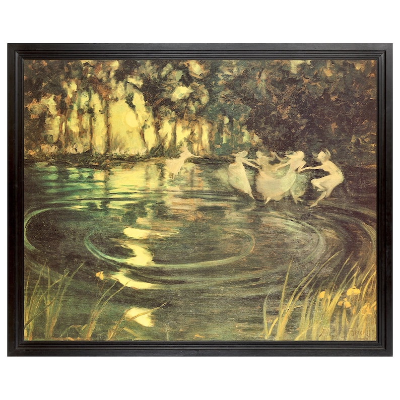 May include: A painting of a group of fairies dancing in a circle in a forest pond. The fairies are wearing white dresses and have long flowing hair. The pond is surrounded by trees and the water is reflecting the light of the sun.