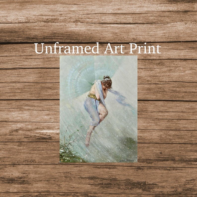 May include: An unframed art print featuring a watercolor painting of a figure in flowing blue garments, with a light blue scarf and wings. The figure is in a pose of being in the rain. The text "Unframed Art Print" is at the top.