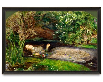 May include: A painting of a woman lying in a stream of water surrounded by lush greenery. The woman is wearing a white dress and has long, dark hair. The water is clear and the light is soft and diffused. The painting is a romantic and evocative depiction of nature.