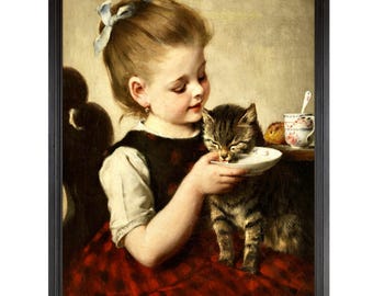 Girl and Brown Tabby Cat, Cute 19th Century German Painting Art Print, Antique Cat Art, Little Girl and Kitten Victorian, Wilhelm Schütze