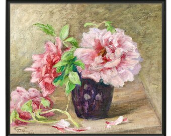 Pink Peonies Still Life, Peony Painting Art Print, Vintage Flower Art, Floral Still Life, Painting of Pink Flowers, Pink Purple Floral