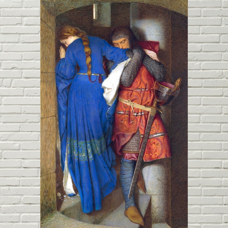 May include: A painting of a man and woman in a medieval setting. The woman is wearing a blue dress and the man is wearing armor and a red cloak. They are standing in a doorway and appear to be embracing.