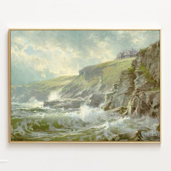 Stormy Sea Coastal Landscape, Rhode Island, New England Ocean Cliffs Art Print, William Trost Richards, New England Coast Painting