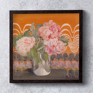May include: A framed watercolor painting of pink peonies in a silver vase against a background of orange and white wavy lines.