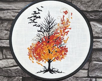 Autumn Tree. Machine embroidered 8" hoop. Halloween decoration, Dark Arts, Gothic décor