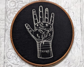 Palmistry Fortune Telling Hand,  8" machine embroidery hoop,  gothic decor, hoop art, gothic gift, dark art, curiosity