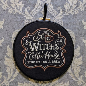 Witch's Coffee House. Machine embroidery 8 hoop. Perfect gift for coffee lover or colleague. Vintage embroidery art with gothic inspiration image 1