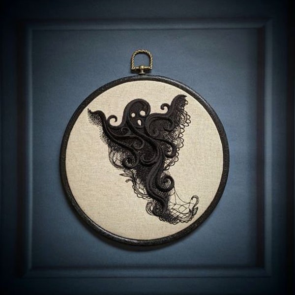Lace Ghost embroidery art. Machine embroidery 8" hoop. Gothic décor, Halloween décor