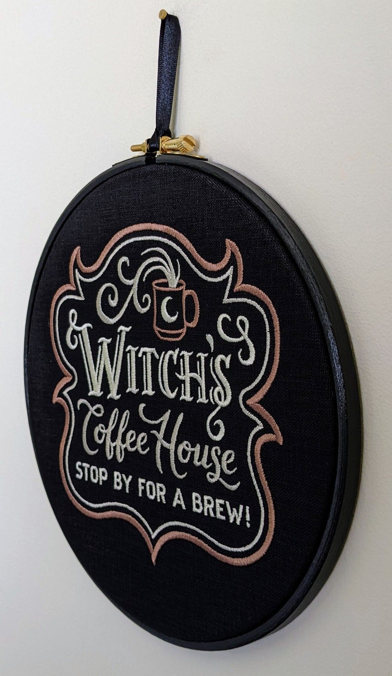 Witch's Coffee House. Machine embroidery 8 hoop. Perfect gift for coffee lover or colleague. Vintage embroidery art with gothic inspiration image 6