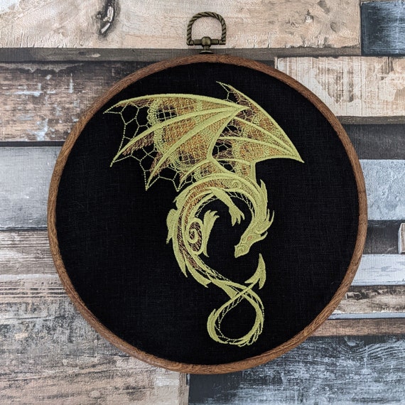 Lace Dragon embroidery art. Machine embroidery 8" hoop. Gothic décor, dragon slayer, girl with the dragon tattoo