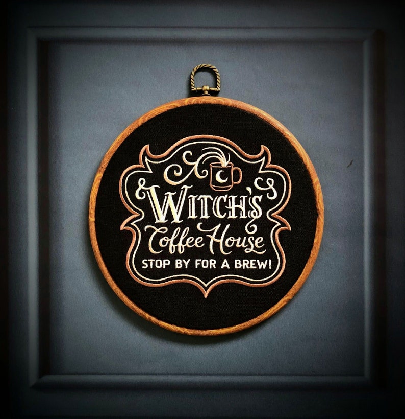 Witch's Coffee House. Machine embroidery 8 hoop. Perfect gift for coffee lover or colleague. Vintage embroidery art with gothic inspiration #1 Imitation wood