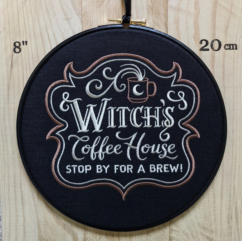 Witch's Coffee House. Machine embroidery 8 hoop. Perfect gift for coffee lover or colleague. Vintage embroidery art with gothic inspiration image 4