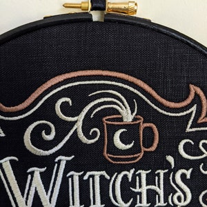 Witch's Coffee House. Machine embroidery 8 hoop. Perfect gift for coffee lover or colleague. Vintage embroidery art with gothic inspiration image 5