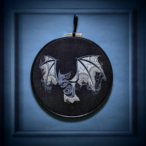 Gothic lace Bat embroidered, 8" hoop. Spooky, Sassy, feminist, vintage embroidery art with modern inspiration. Horror movie, true crime fan