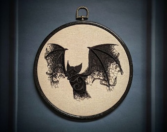 Gothic lace Bat embroidered, 8" hoop. Spooky, Sassy, feminist, vintage embroidery art with modern inspiration. Horror movie, true crime fan