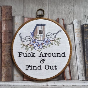 Fuck around and find out. Machine embroidery 8" hoop. Sassy, feminist, vintage embroidery art with modern inspiration. Bird lover art gift