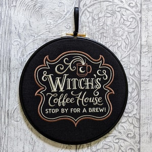 Witch's Coffee House. Machine embroidery 8 hoop. Perfect gift for coffee lover or colleague. Vintage embroidery art with gothic inspiration image 3